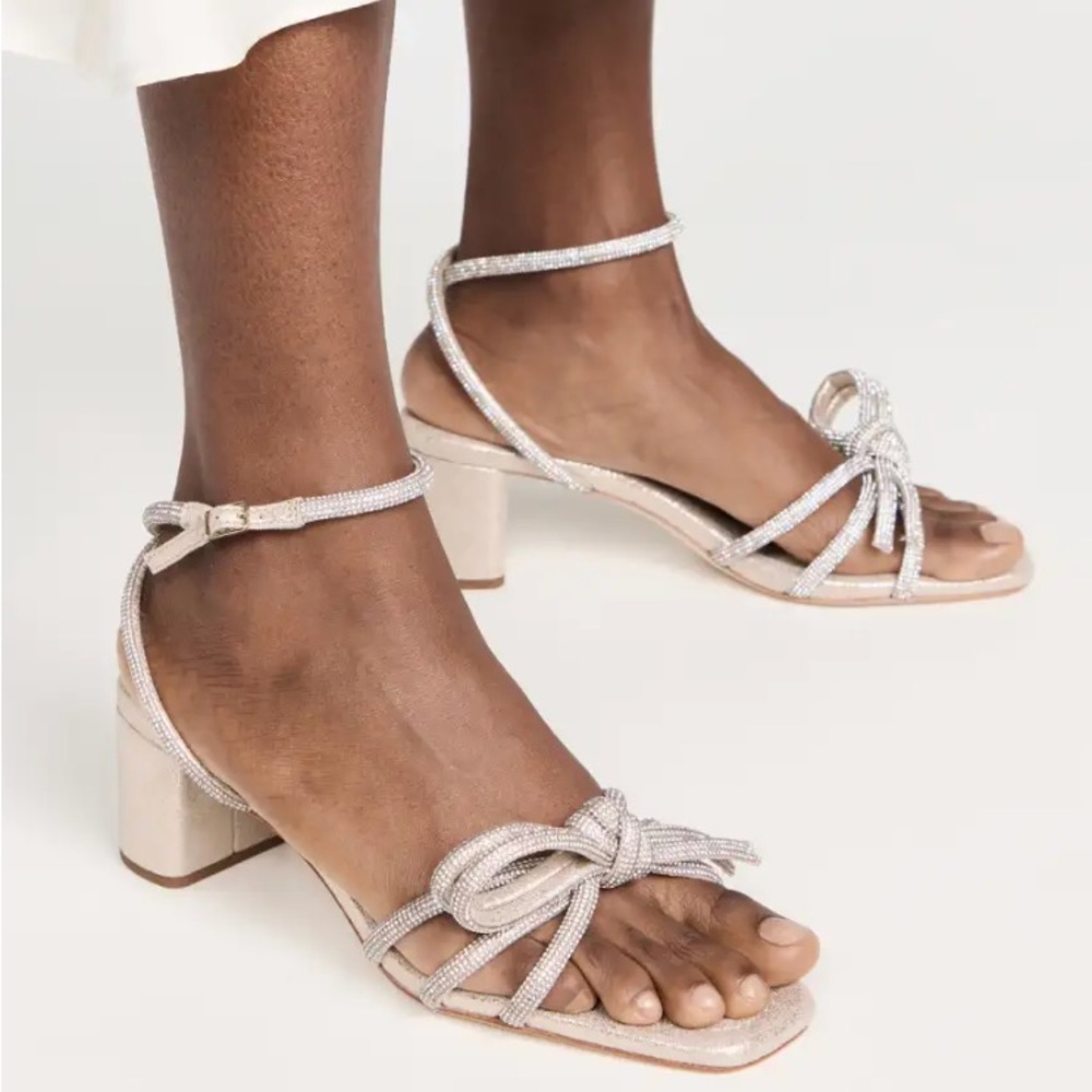 Loeffler Randall Mikel Leather Bow Mid-Heel Sandals in Cappuccino rhinestones